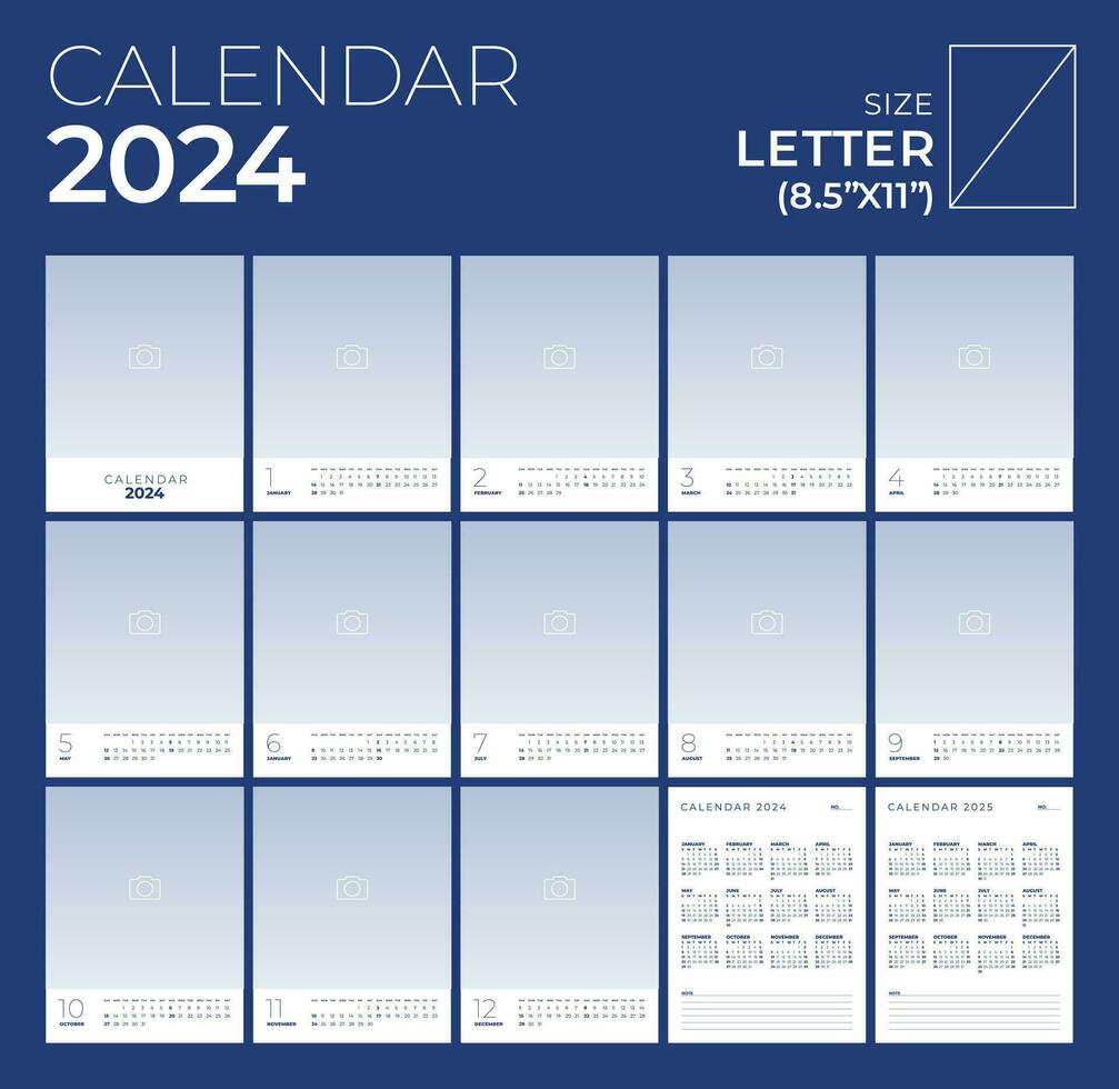 Calendar 2024, Portrait, Minimal Design, Photo, Week start Sunday template. vector