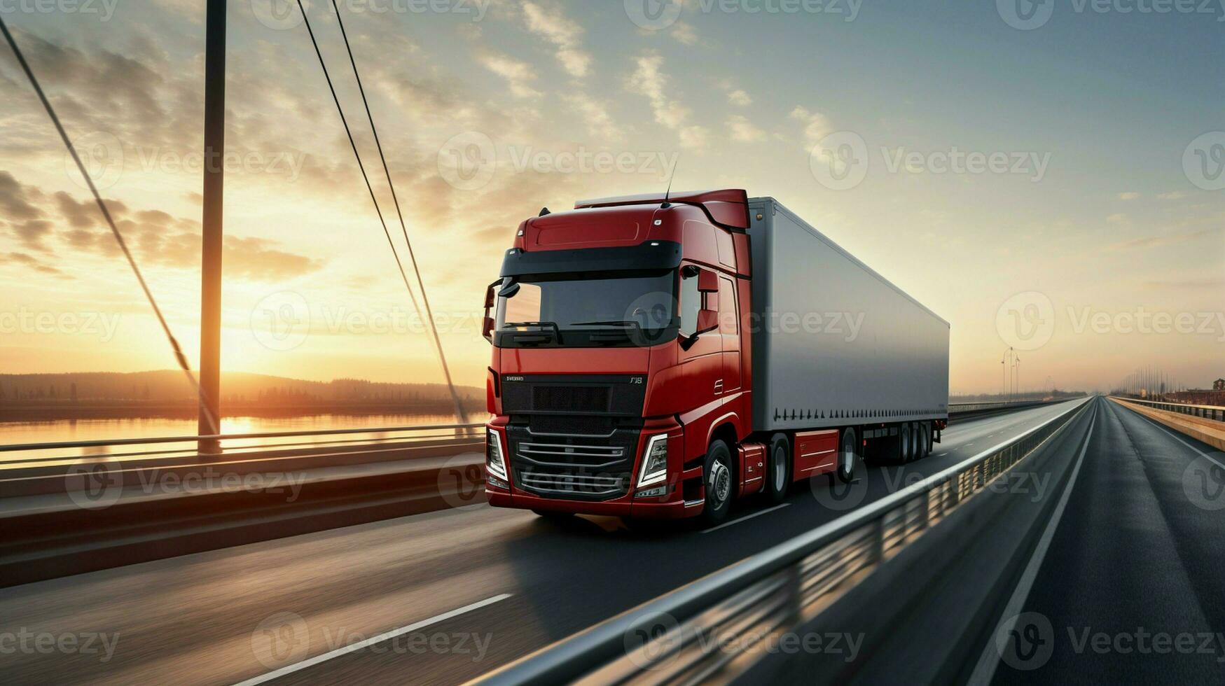 A cargo truck with a container is seen driving across a bridge, while a semi-truck with a cargo trailer follows closely behind. photo