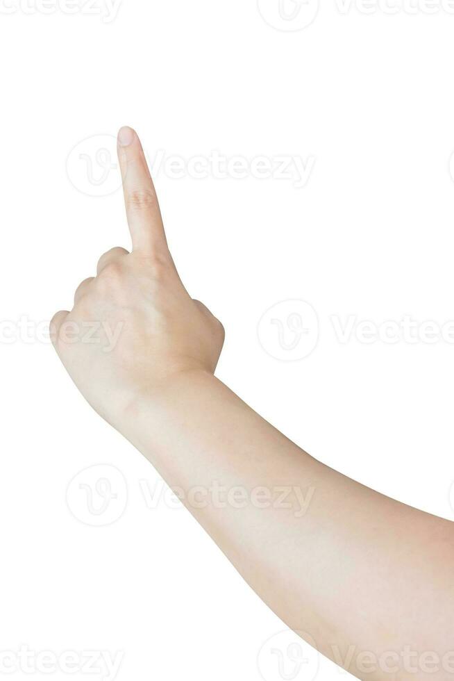 female hand touching or pointing to something isolated on white background photo