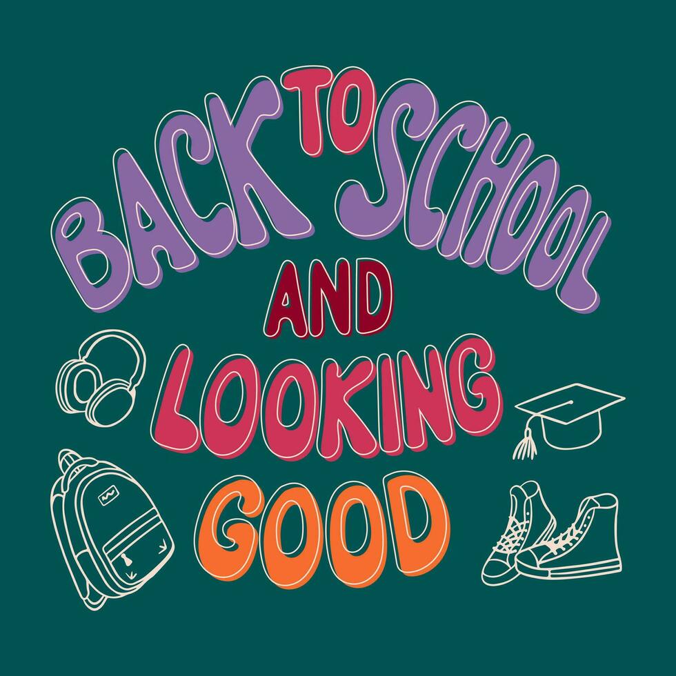 Back to school concept composition on green chalkboard. Flat hand drawn typographic illustration with chalk drawed elements. Unique groovy design for posters, tshirt, banner, printouts, background vector