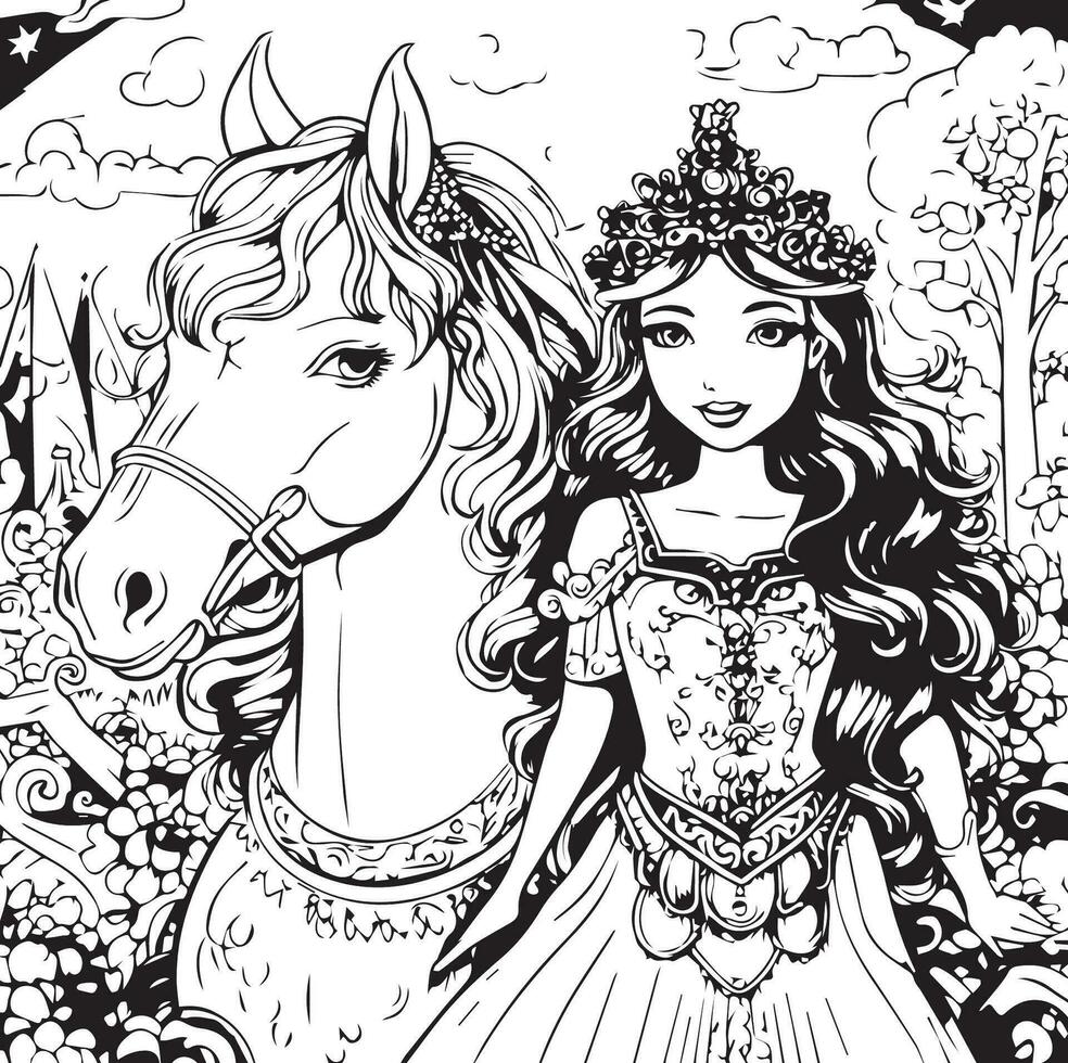 a unicorn and princess coloring page2 vector