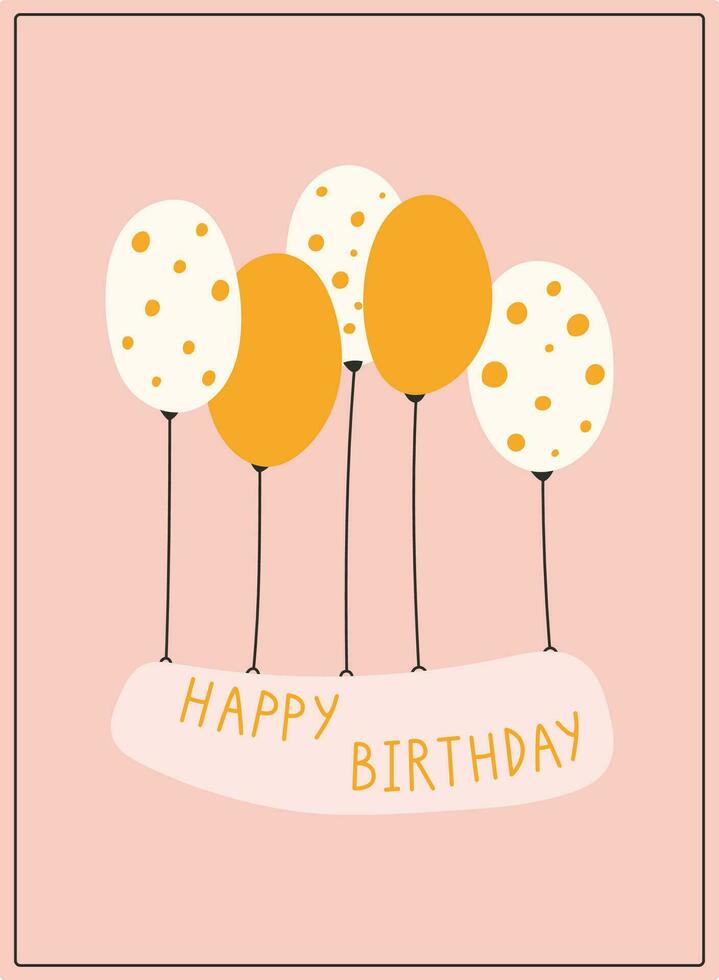 Happy birthday cartoon greeting card. Vector isolated flying banner with hot air balloons.