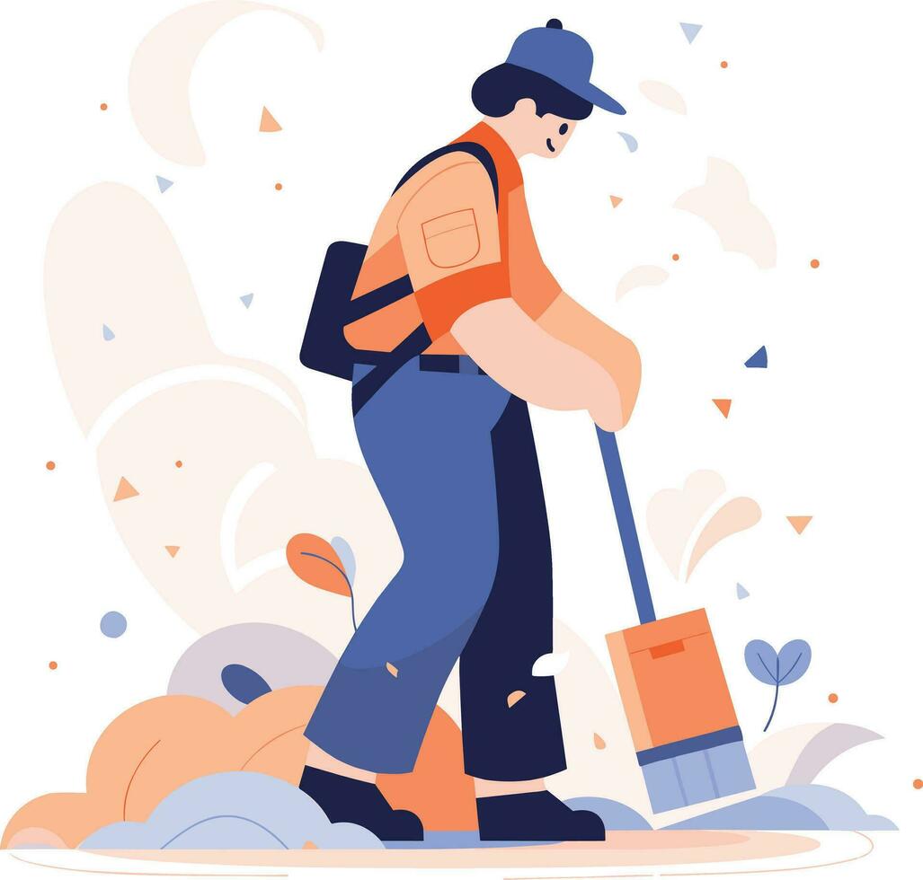 Hand Drawn happy cleaning staff is cleaning the floor in flat style vector