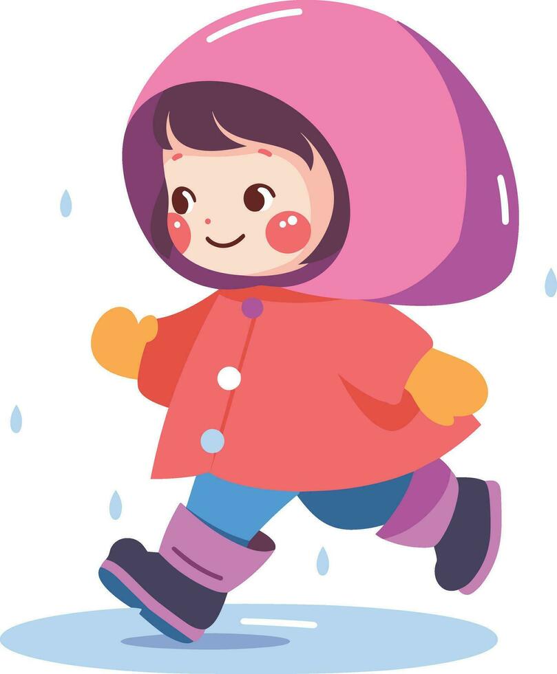 mano dibujado un niño en un impermeable demostración un alegre expresión ese eso es lloviendo en plano estilo vector