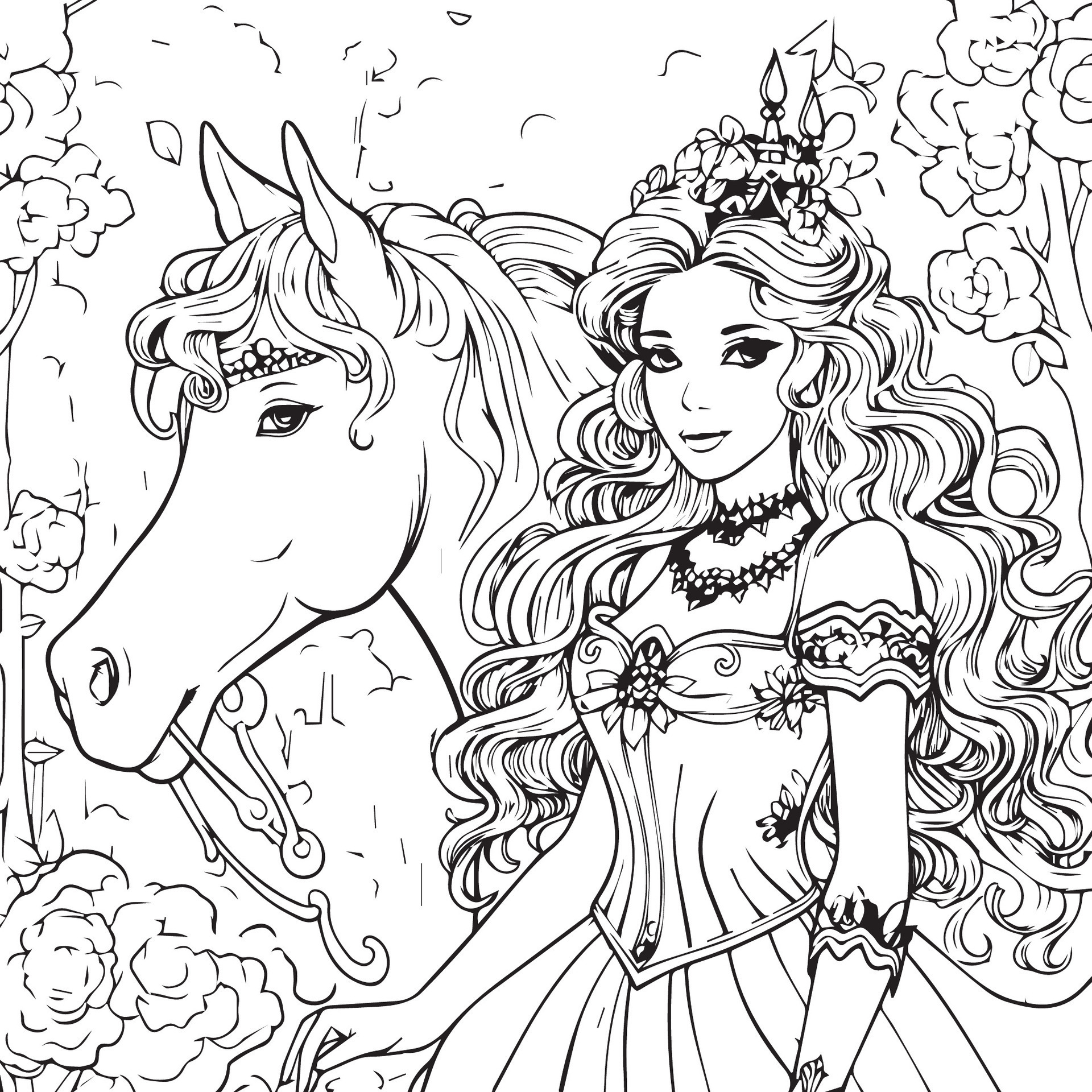 a unicorn and princess coloring page 27533812 Vector Art at Vecteezy