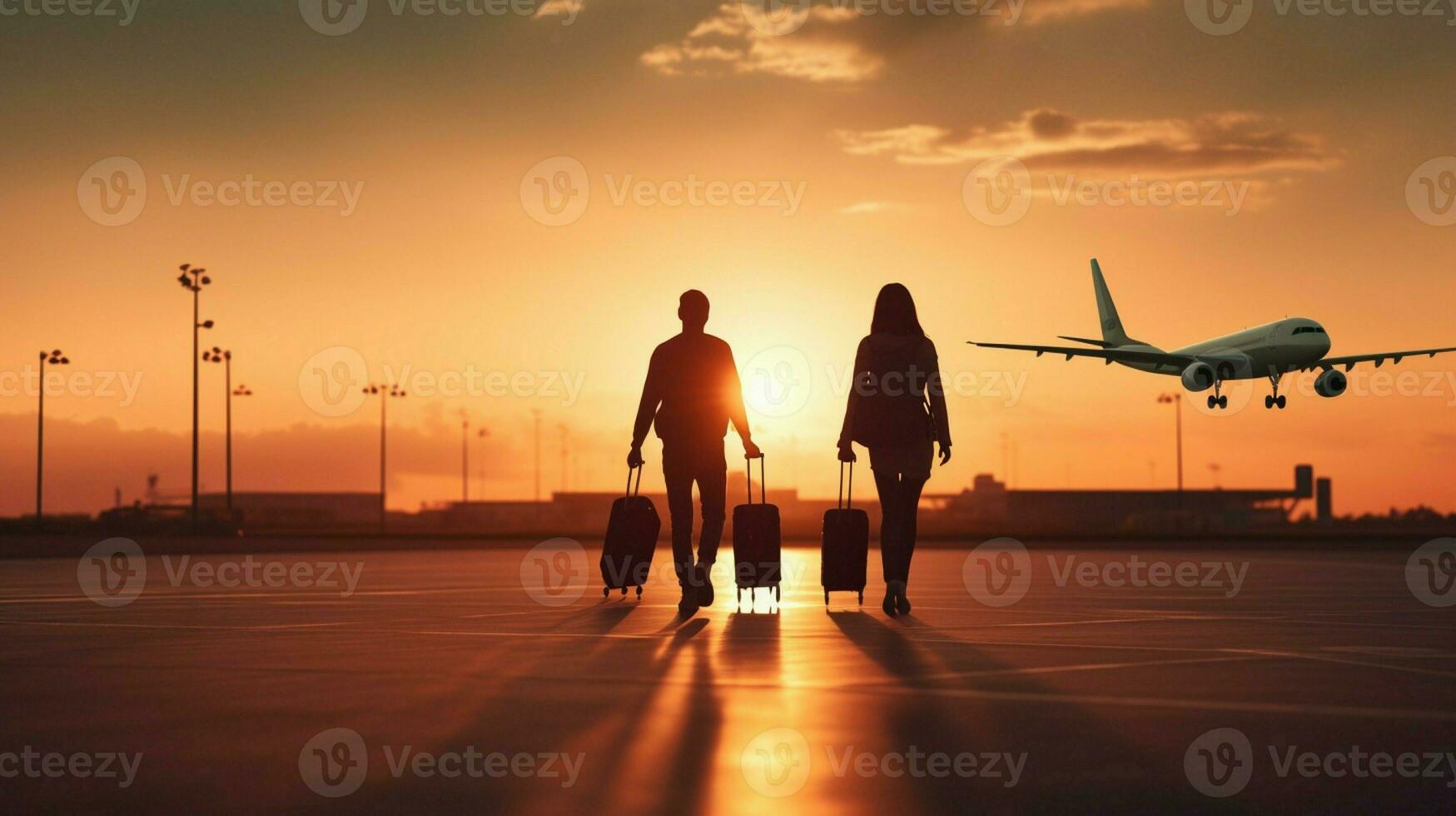 A couple is walking on the runway with suitcases, presumably heading to the airport to catch a flight. photo