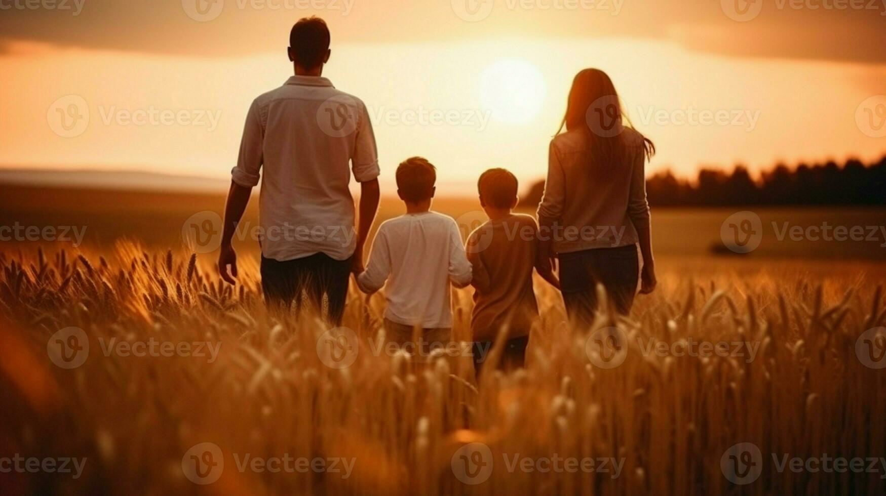 un contento familia consistente de un padre, madre, y dos hijos caminando en un trigo campo mientras acecho el puesta de sol. foto