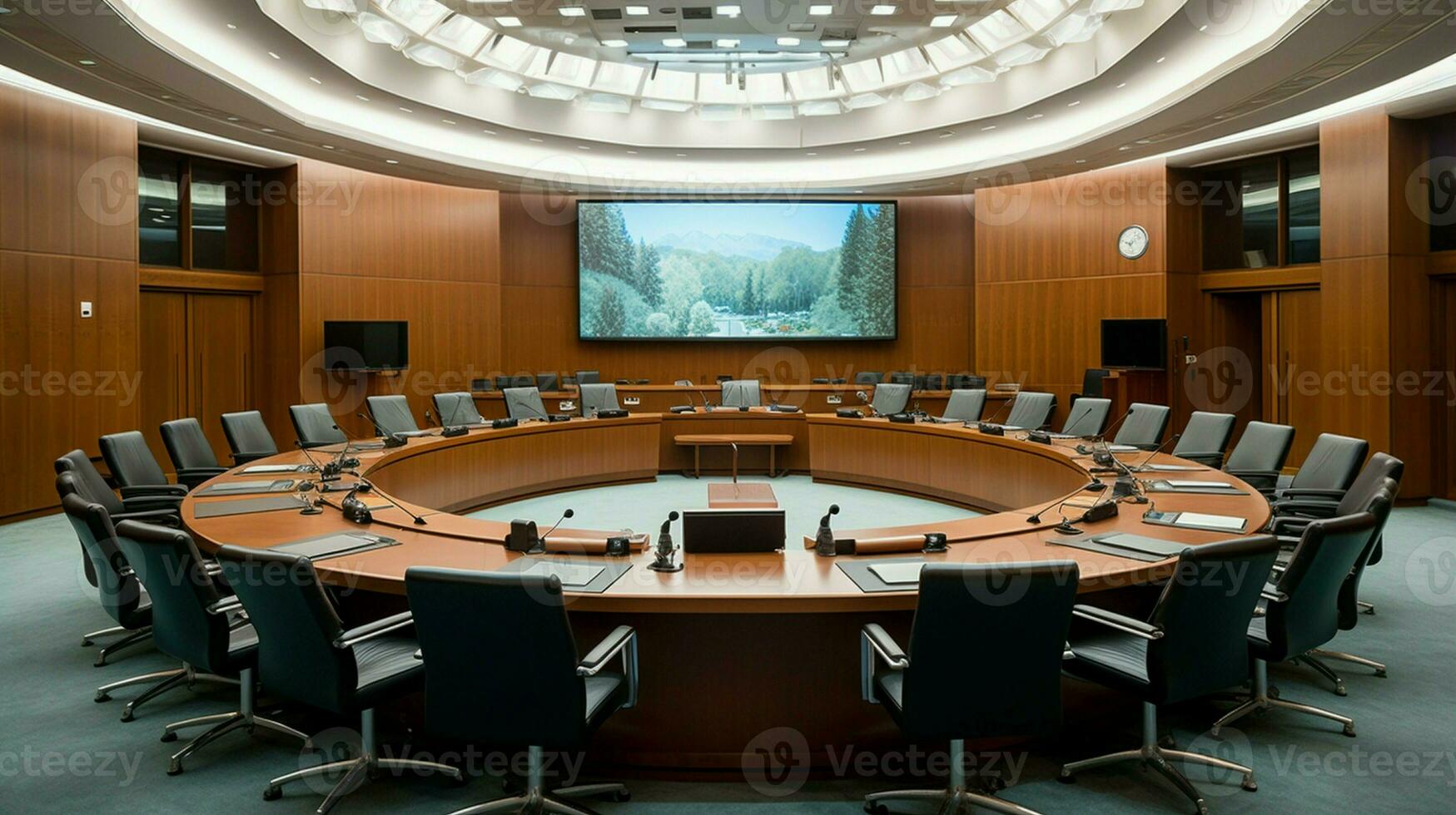 Meeting room with a big conference table in a modern office of the Stock Exchange. photo