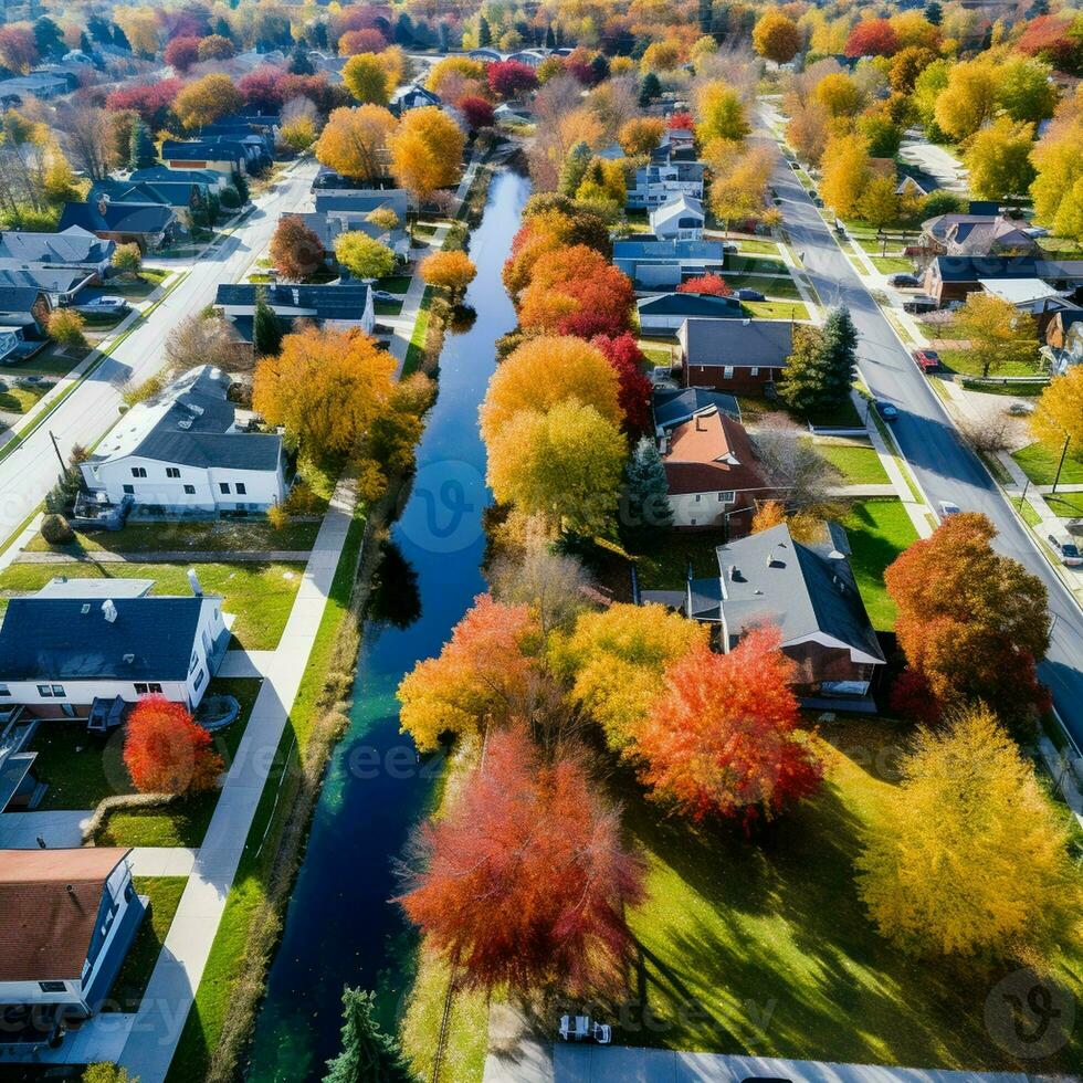 Overhead aerial view of colorful autumn trees, residential houses, and yards with drainage pond along a suburban street in the Chicago area. photo