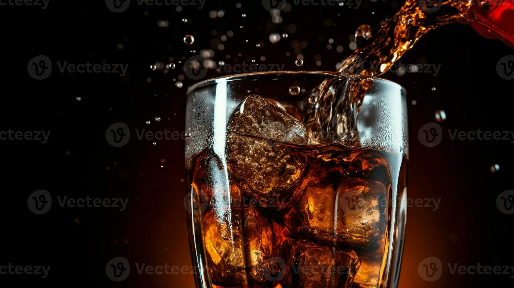 dentro un vaso de Coca Cola, hielo cubitos burbuja como el refrescante bebida vierte en. foto