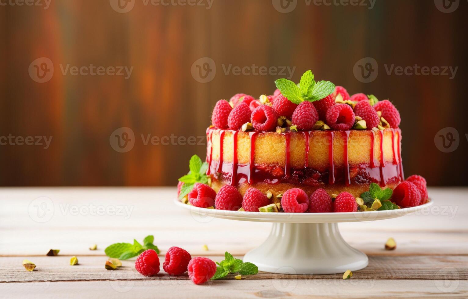 Delicious raspberry cake with fresh strawberries, raspberries, blueberries, currants, and pistachios on wooden background photo
