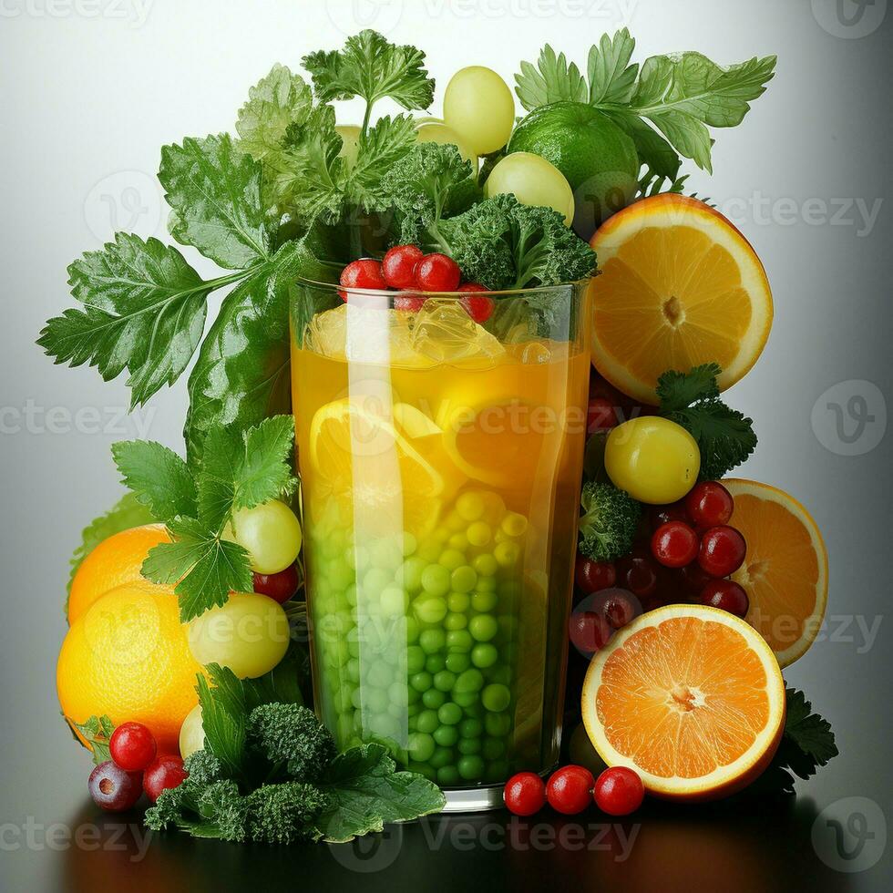 Fresh juice pours from fruit and vegetables into the glass isolated on white background photo