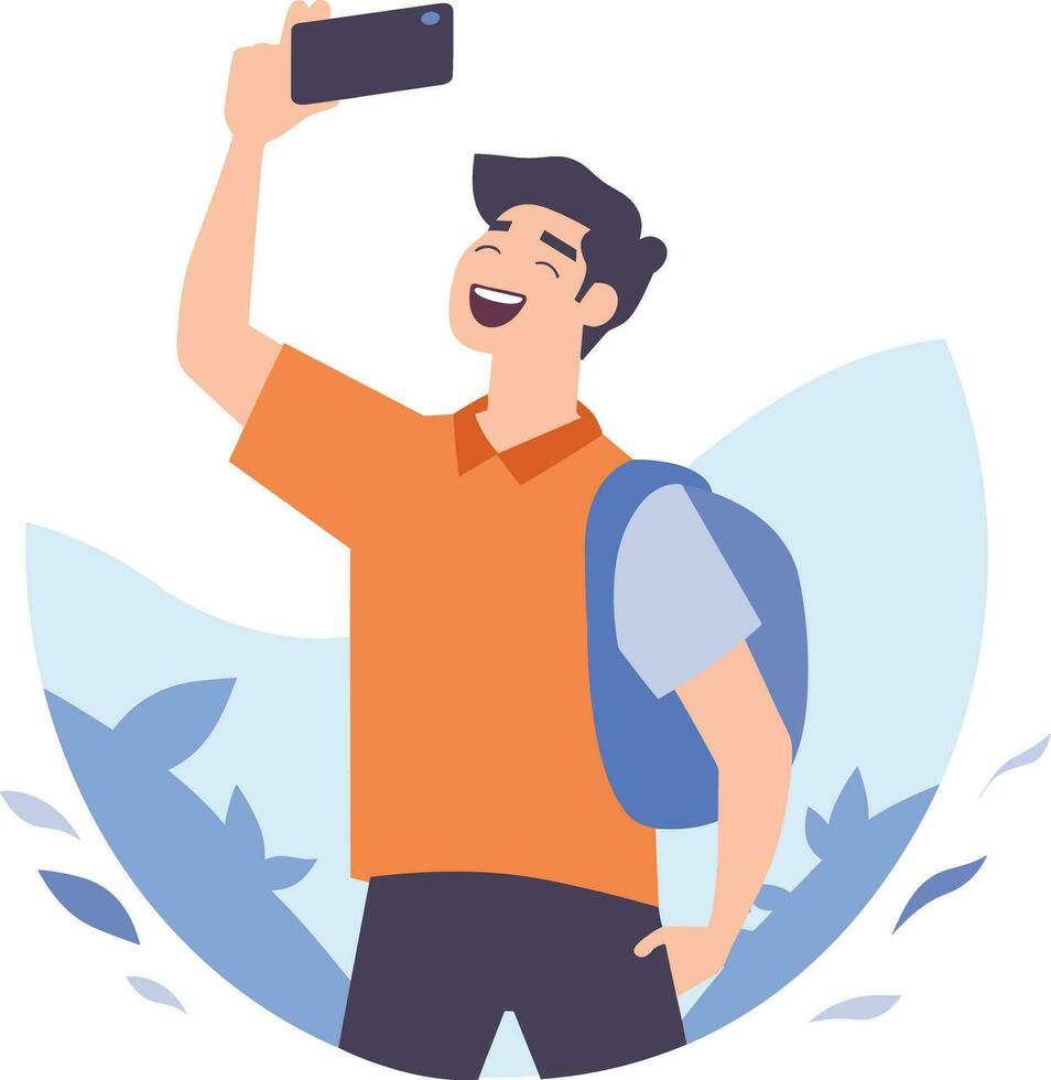 Hand Drawn Tourist is traveling and taking photos happily in flat style vector