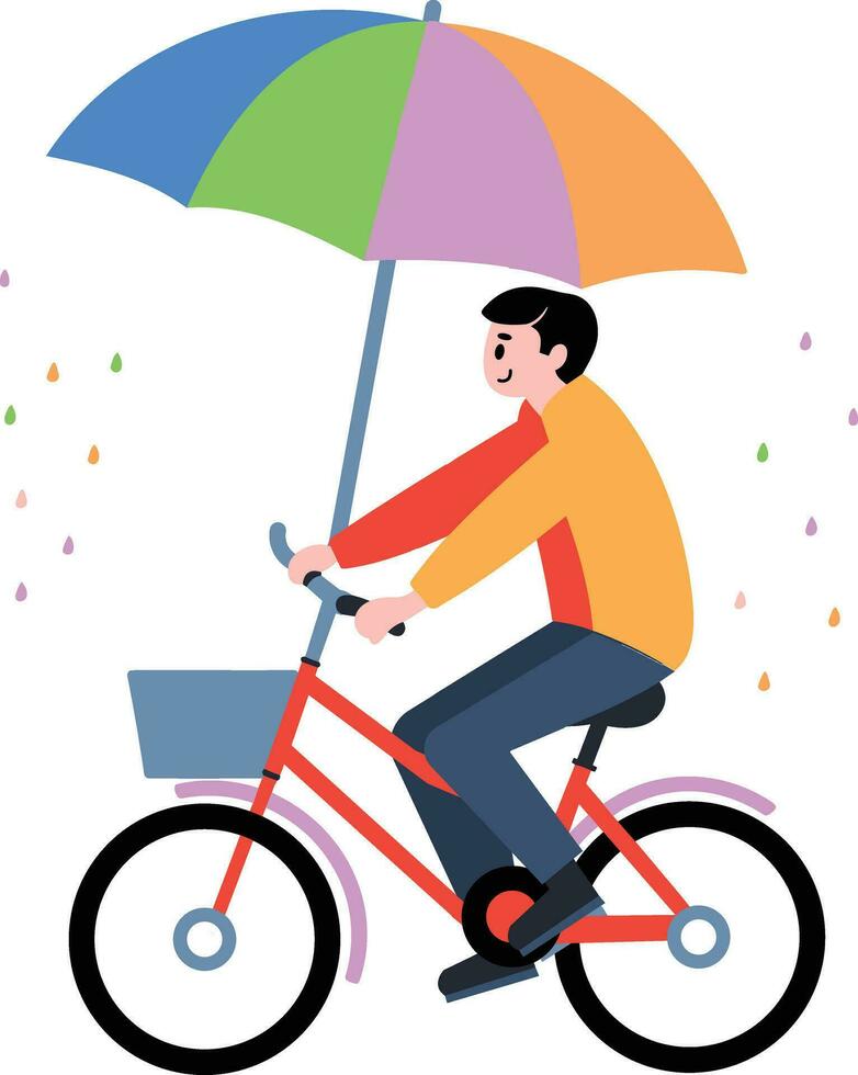 mano dibujado hombre montando un bicicleta y participación un paraguas en plano estilo vector
