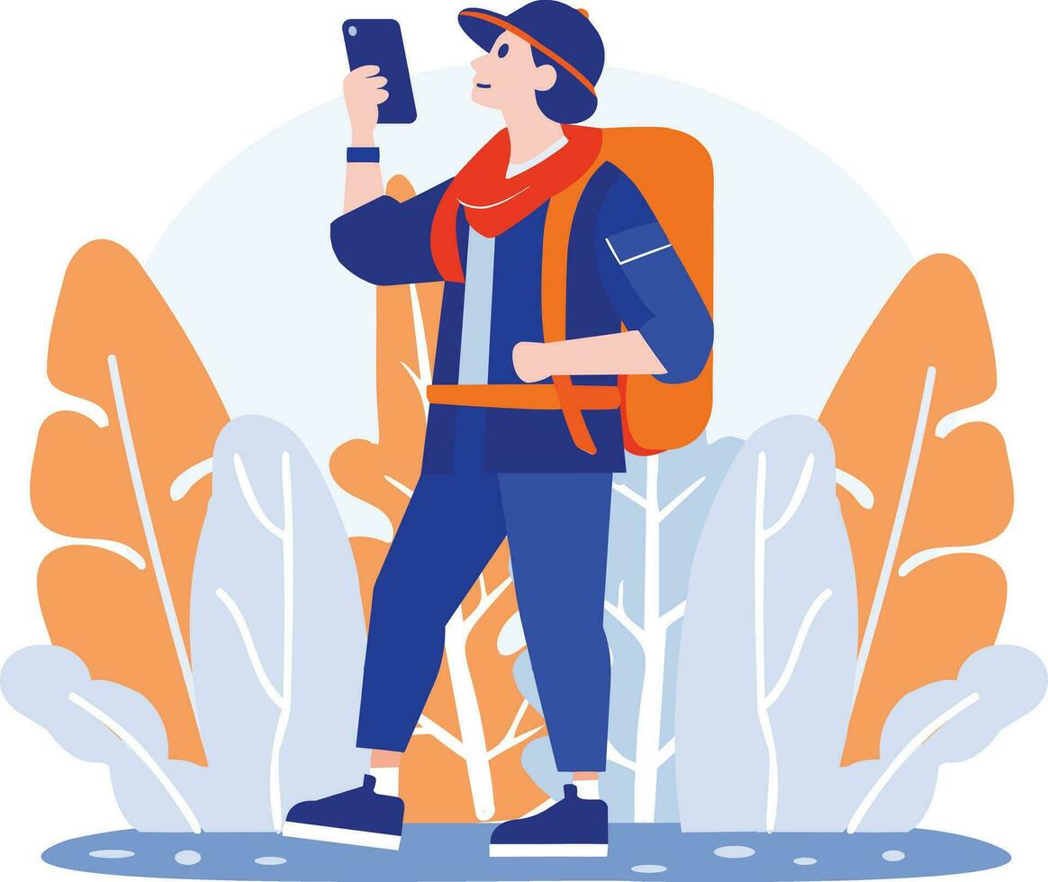 Hand Drawn Tourist is traveling and taking photos happily in flat style vector