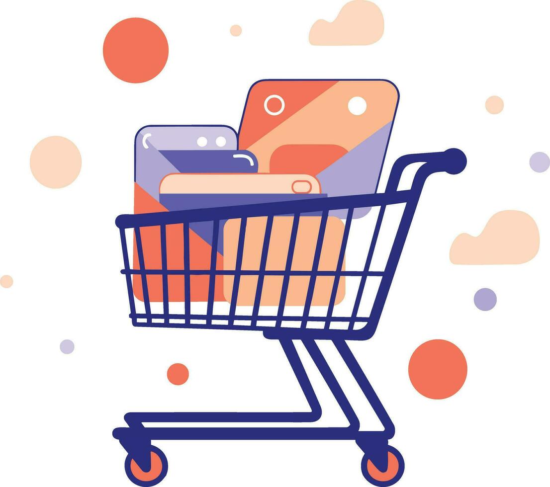 Hand Drawn shopping cart full of gifts at the mall in flat style vector