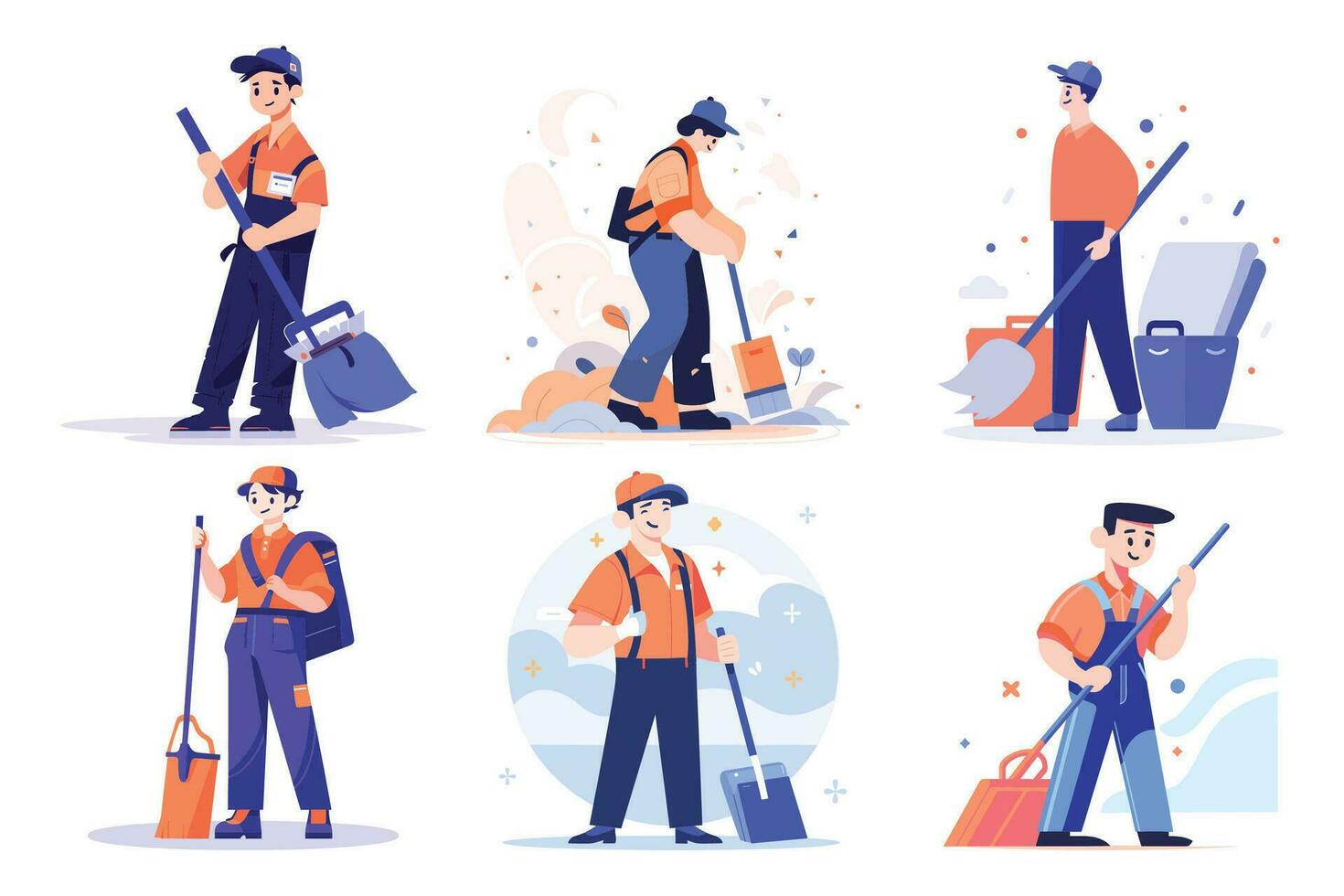 Hand Drawn happy cleaning staff is cleaning the floor in flat style vector