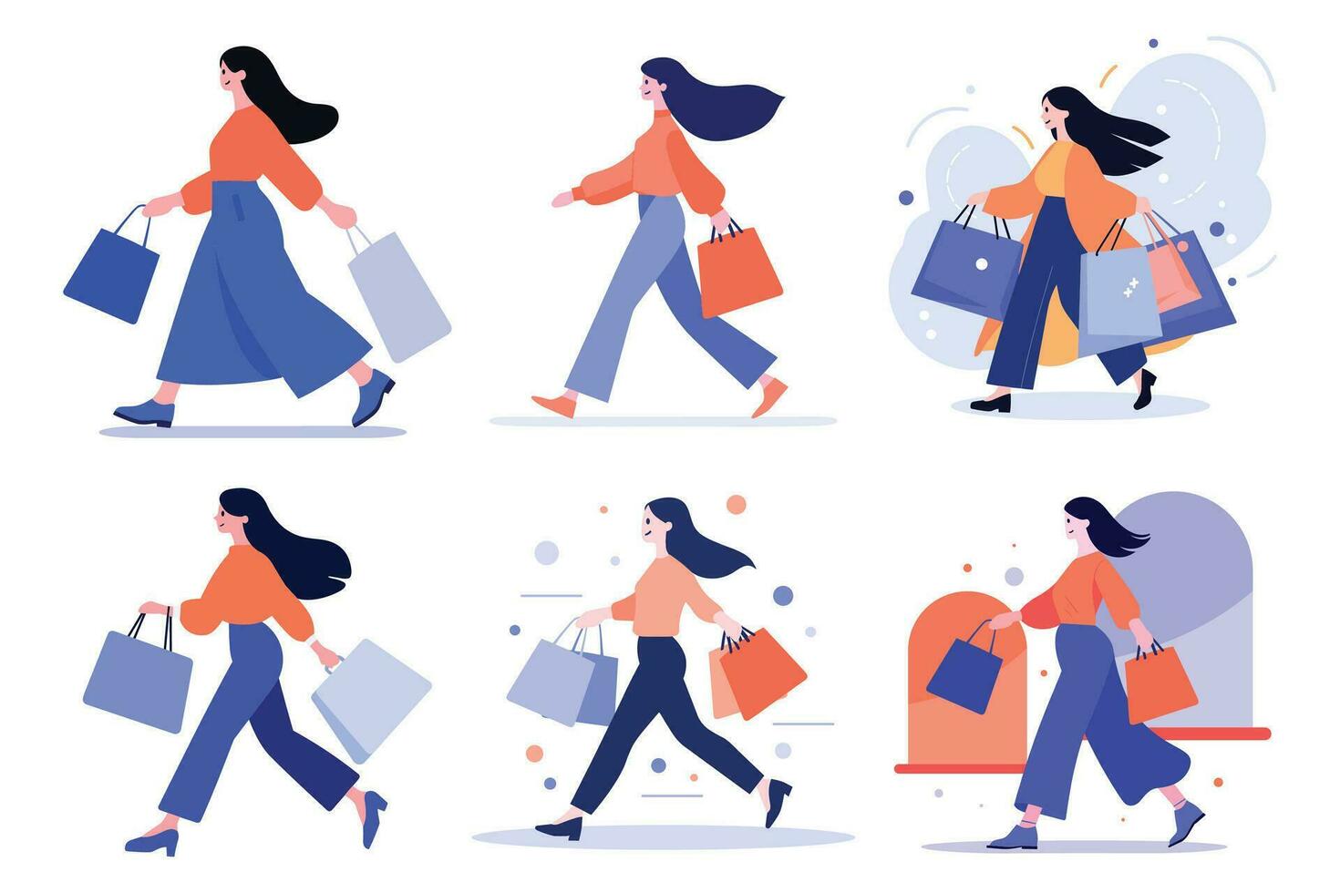 Hand Drawn happy Woman holding shopping bags and walking in shopping mall in flat style vector