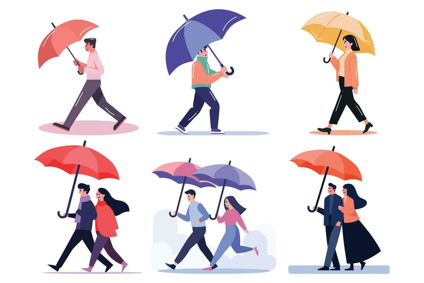 Hand Drawn couple holding umbrellas in the rain in flat style vector