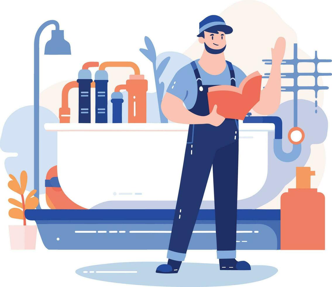 Hand Drawn plumber or engineer work with professionalism in flat style vector