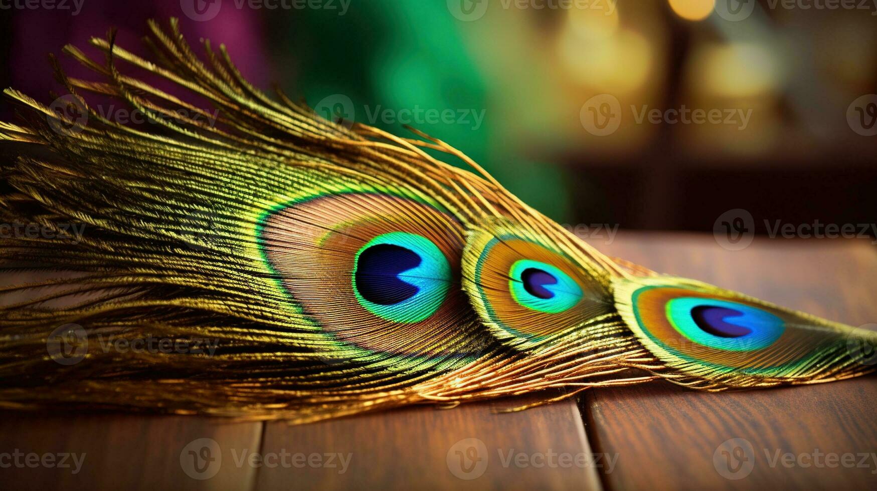 peacock feather on the table Generative AI, AI Generated photo