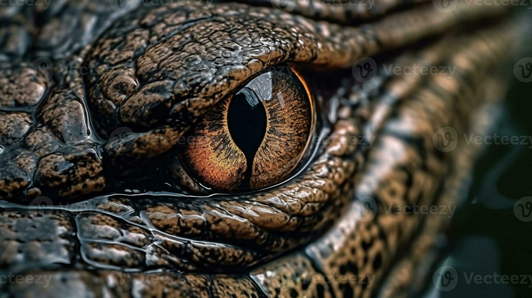 a closeup shot of a black and white crocodile with its open eyes Generative AI, AI Generated photo
