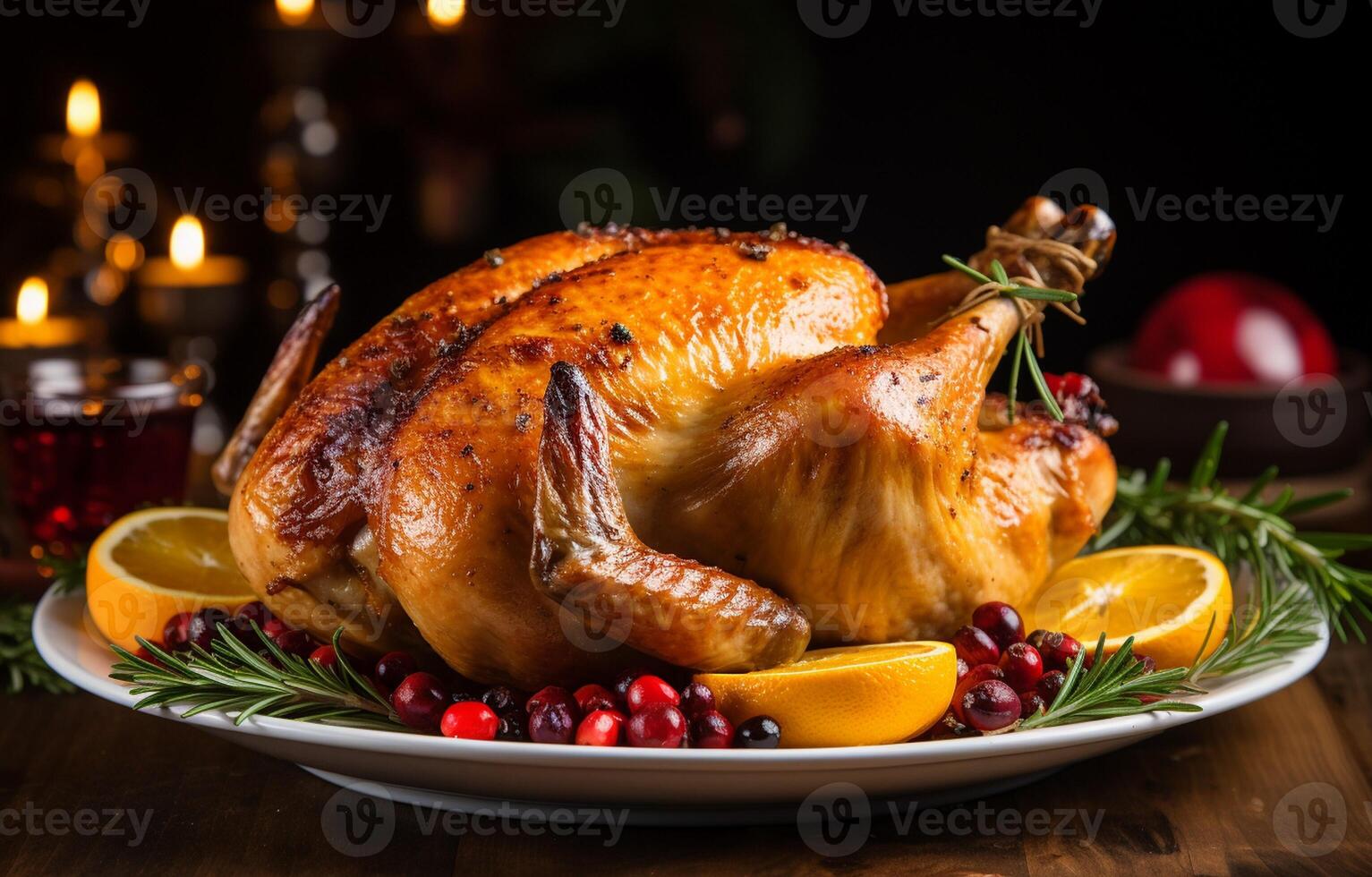 Christmas family dinner. chicken with herbs, oranges Generative AI photo