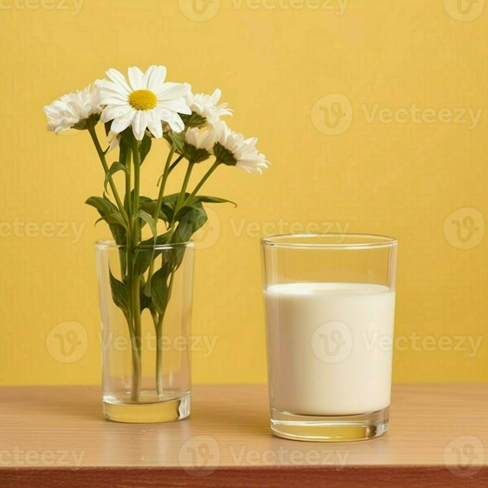 Two glass of milk with flower on a wooden table in a yellow background, nutritious and healthy dairy products concept photo