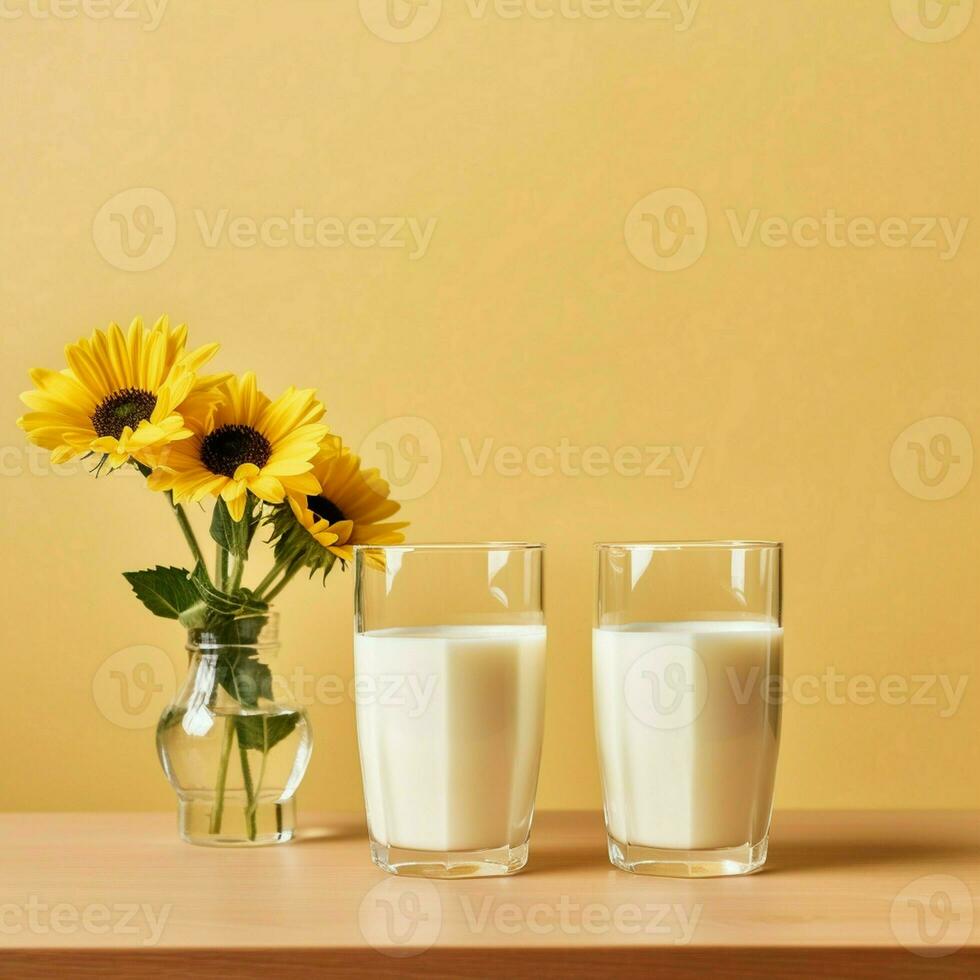 Two glass of milk with flower on a wooden table in a yellow background, nutritious and healthy dairy products concept photo