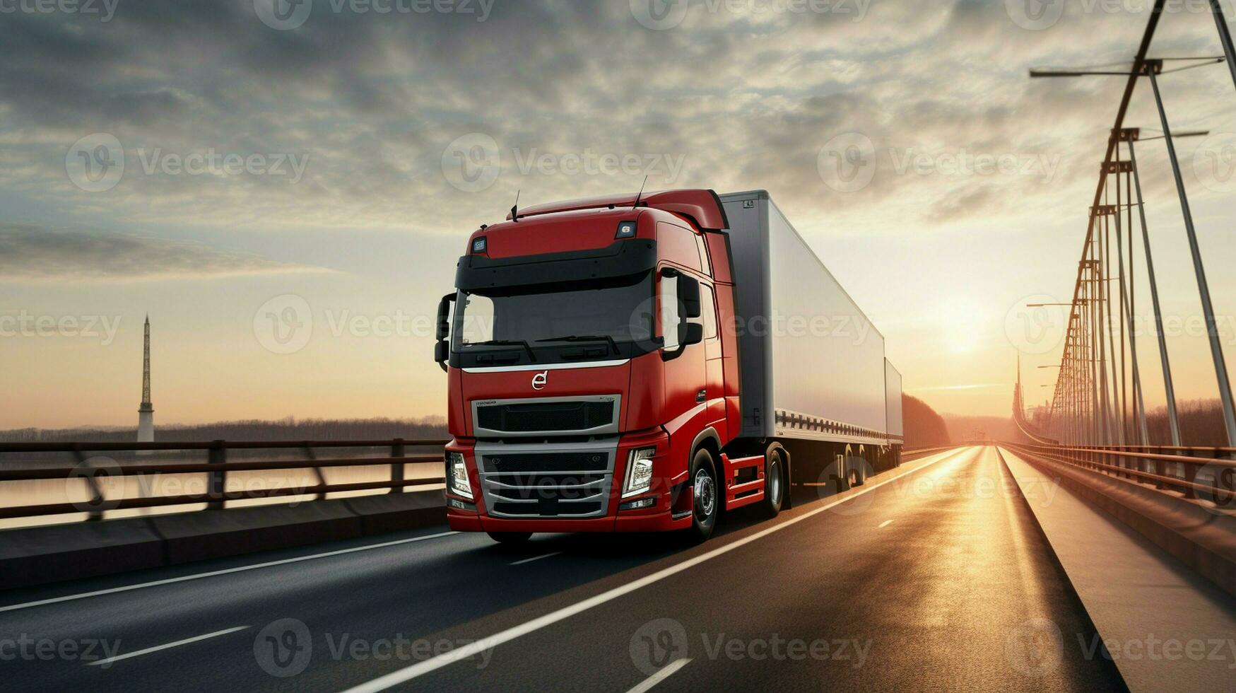 A cargo truck with a container is seen driving across a bridge, while a semi-truck with a cargo trailer follows closely behind. photo