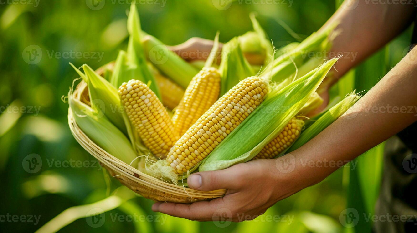 Ears of ripe corn in a basket on a background of green grass. Close-up shot. Concept of agriculture and production of natural eco-products. photo