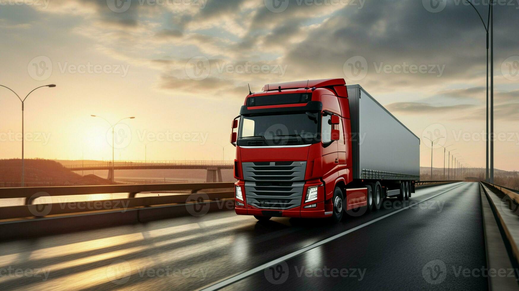 A cargo truck with a container is seen driving across a bridge, while a semi-truck with a cargo trailer follows closely behind. photo