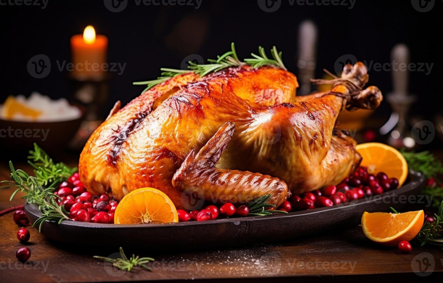 Christmas family dinner. chicken with herbs, oranges Generative AI photo