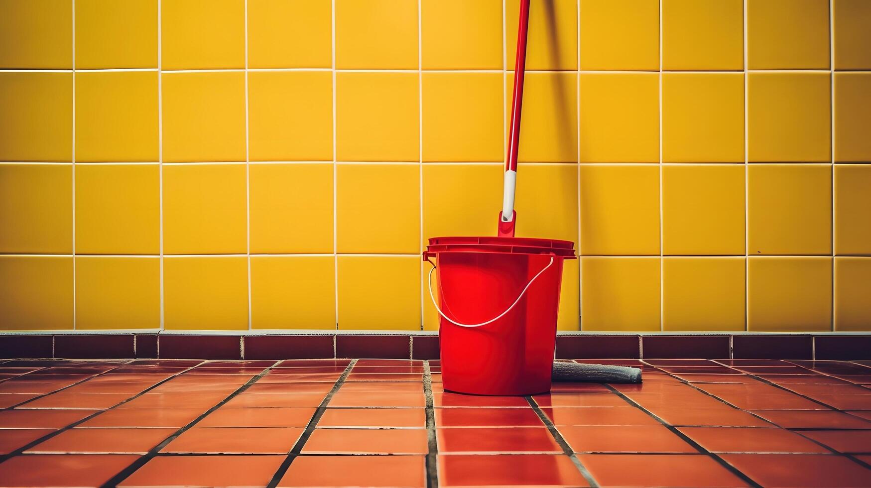 rojo Cubeta con amarillo baño limpiador generativo ai, ai generado foto
