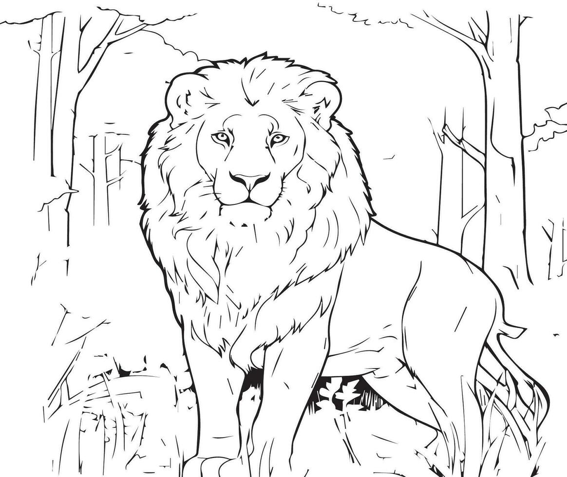 niños colorante página león en bosque vector