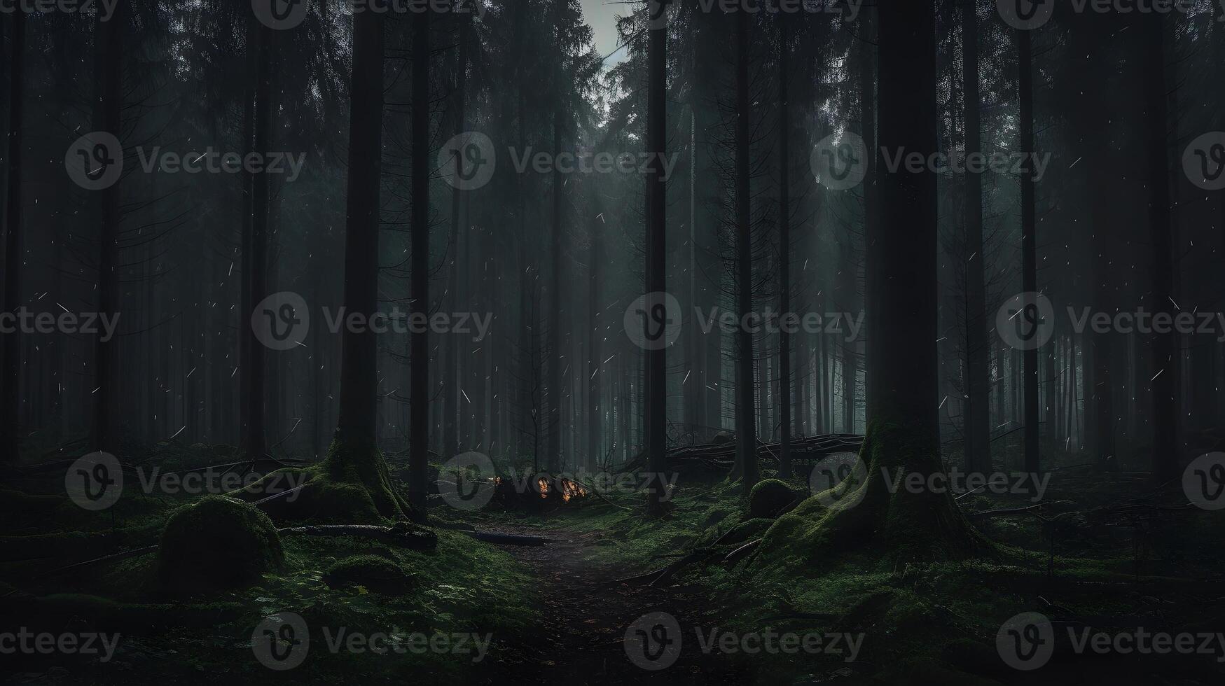 a beautiful shot of a forest surrounded by trees in the forest during the mist , photo