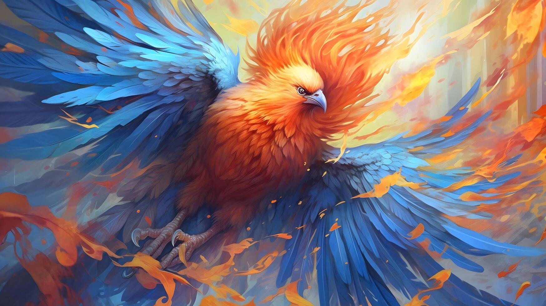 3d illustration of a colorful bird with a burning fire , photo