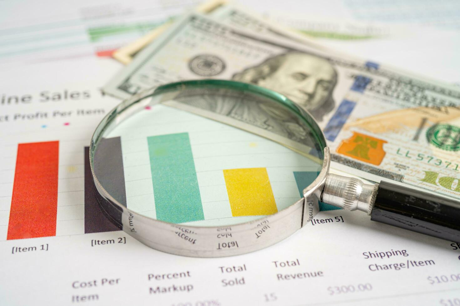 Magnifying glass on graph paper. Financial development, Banking Account, Statistics, Investment Analytic research data economy, Business concept. photo