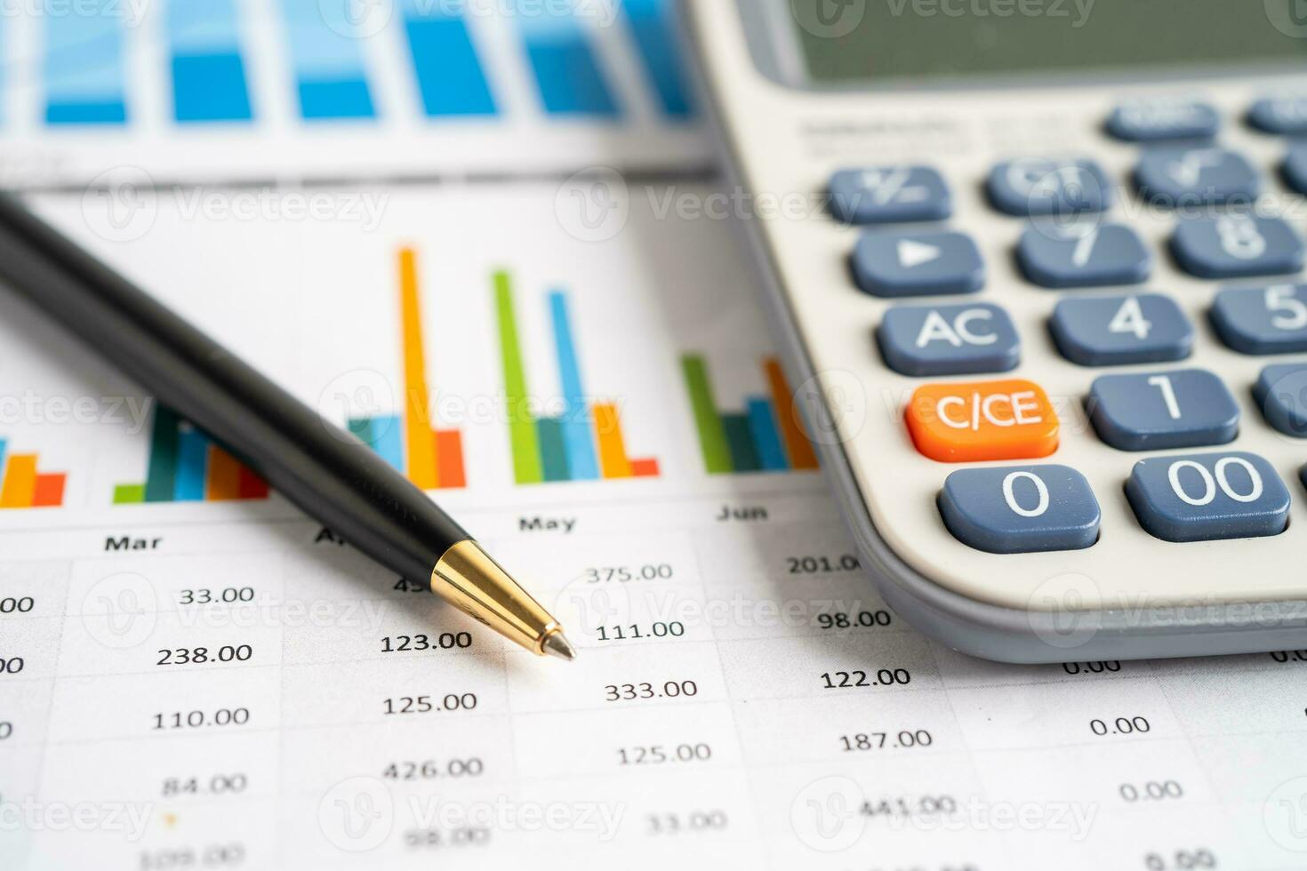 bolígrafo y calculadora en una tabla o papel cuadriculado. concepto de datos financieros, cuentas, estadísticas y comerciales. foto