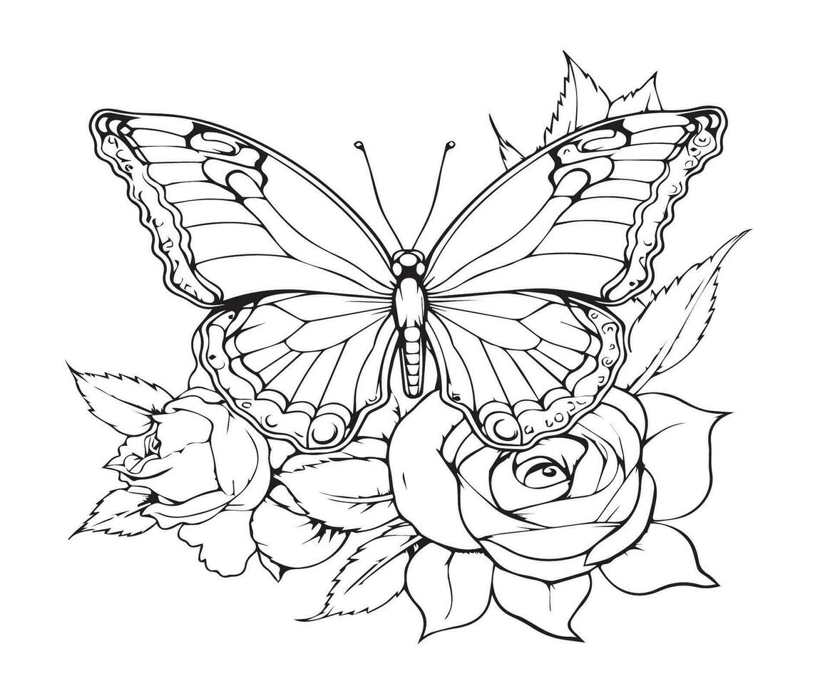 coloring pages for adults butterfly sitting on rose vector