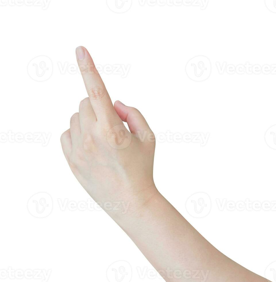 female hand touching or pointing to something isolated on white background photo