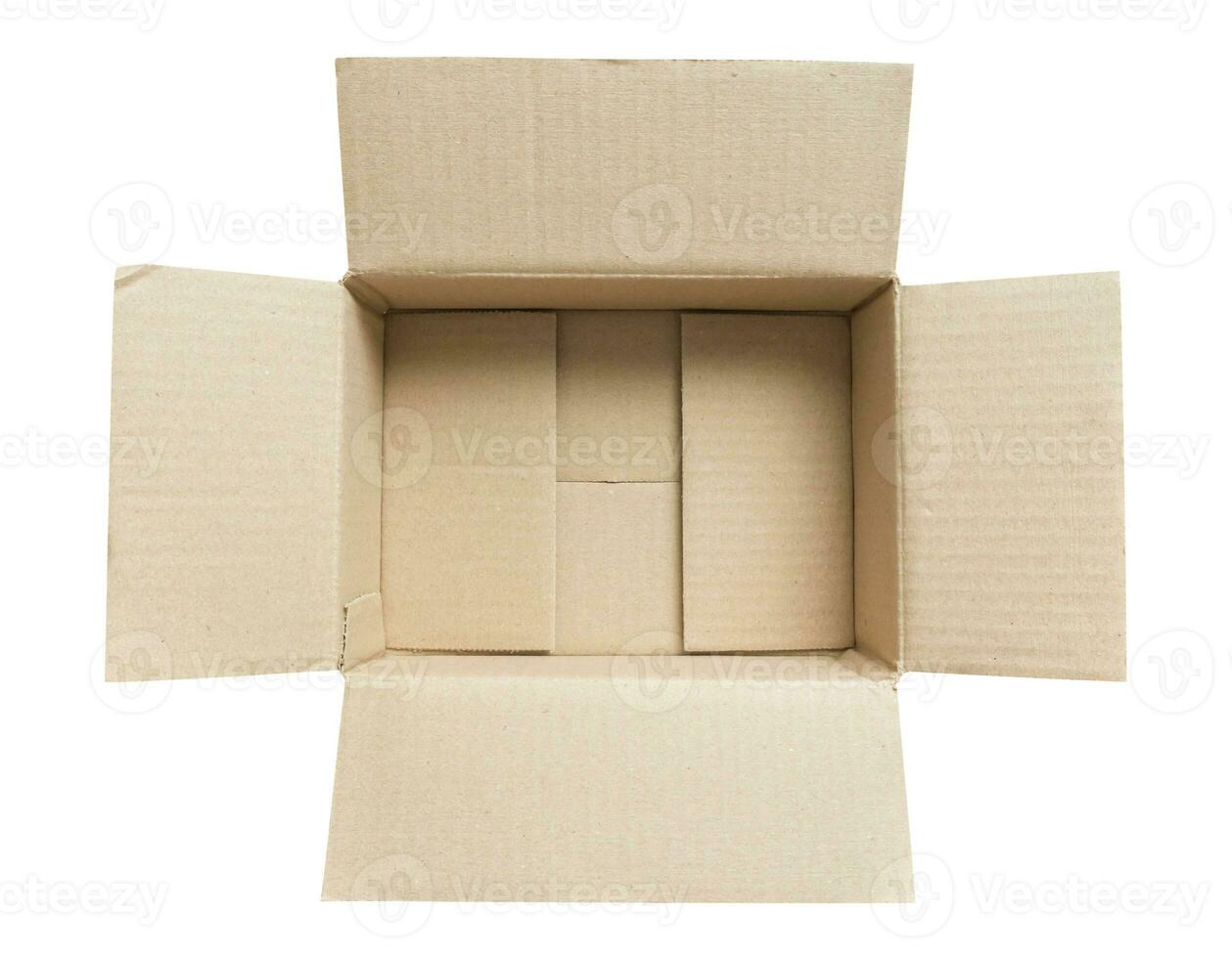 Open empty brown cardboard box isolated on white background top view photo