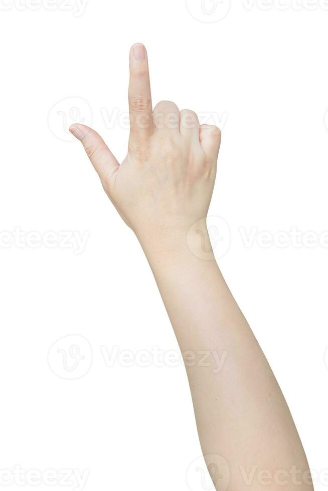 female hand touching or pointing to something isolated on white background photo