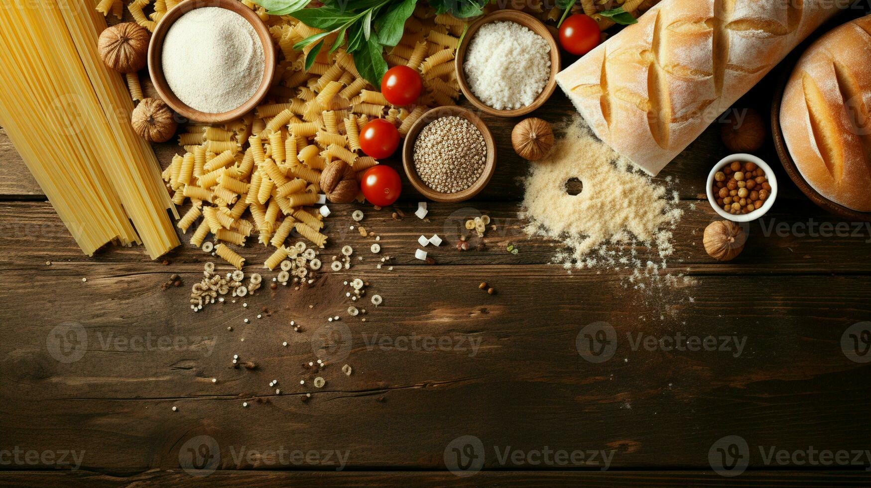 Gluten free food. Various pasta, bread, snacks and flour on wooden background from top view photo