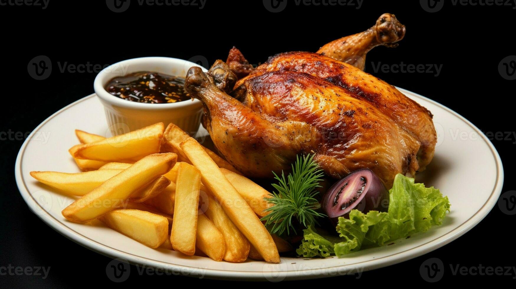 Roasted half chicken with crispy golden brown skin served with fresh salad and french fries. photo