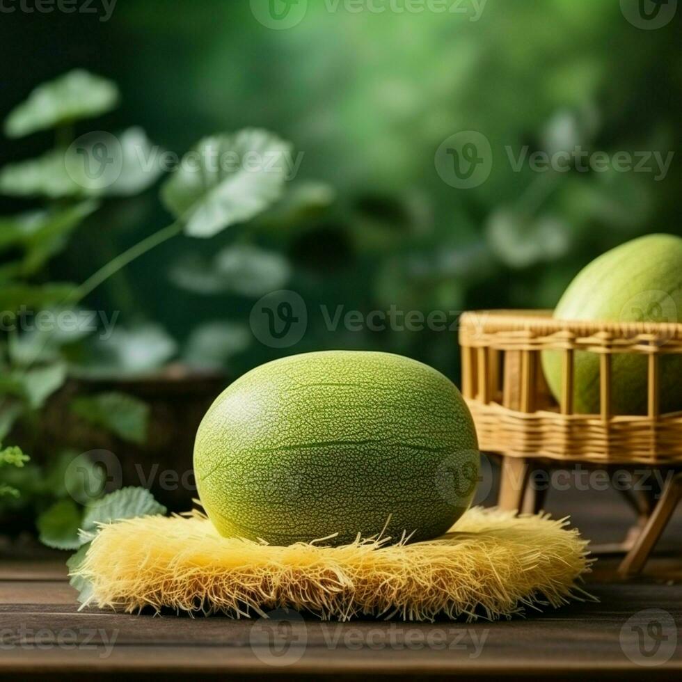 Green Crown Musk Melon on blurred greenery background, Cantaloupe Crown Melon fruit in Bamboo mat on wooden table in garden Generative AI photo