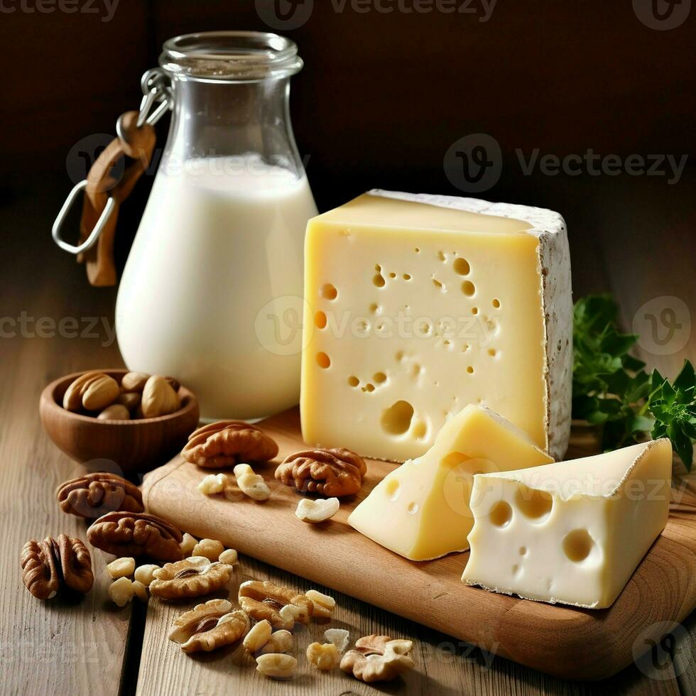 Wedge of Swiss cheese with jug of milk on an old wooden table. Close-up of board with cheese, milk jug, nuts and honey on a white background photo