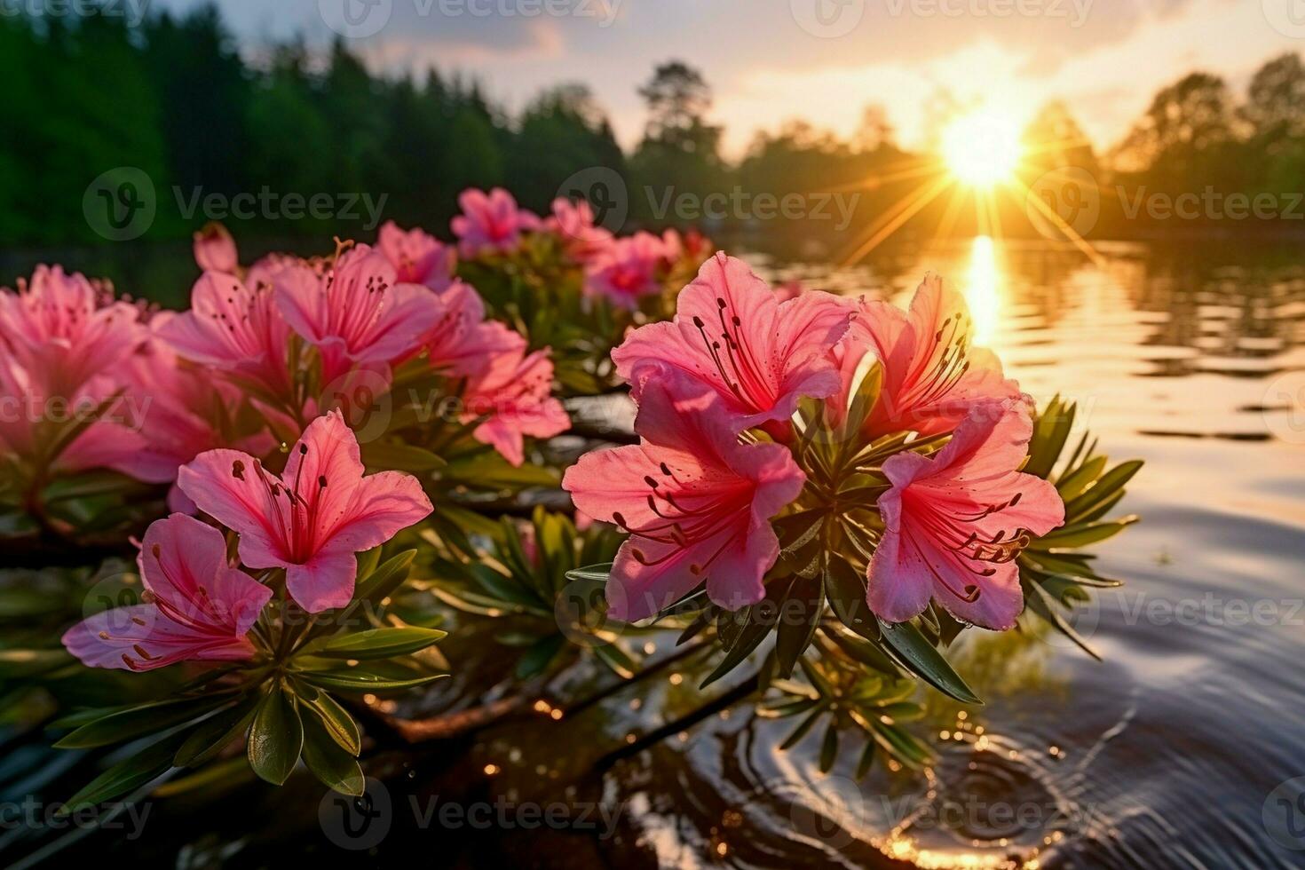 Azalea, sunrise flowers water landscape zoom close up color fragrant beautiful rare pink Generative AI photo