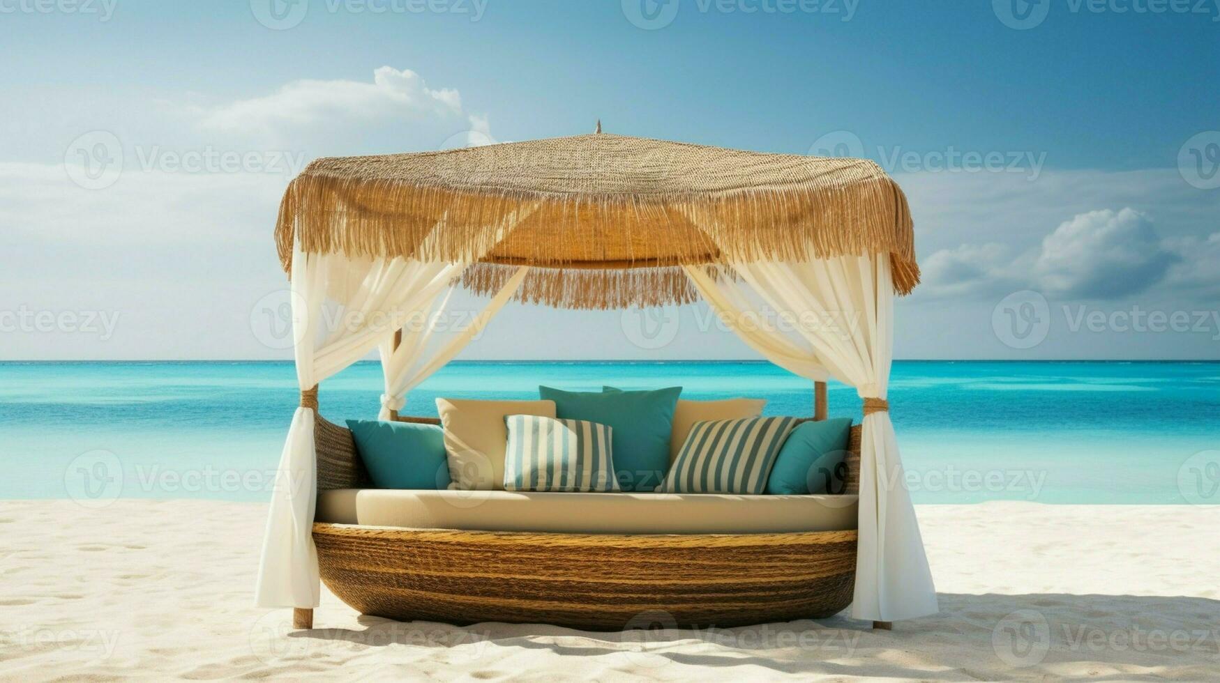 Relax on a comfortable lounge bed with canopy on the beautiful tropical beach landscape. photo