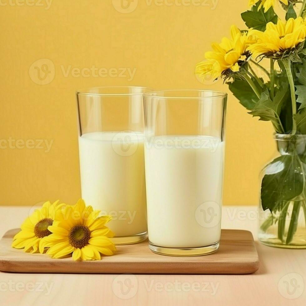 Two glass of milk with flower on a wooden table in a yellow background, nutritious and healthy dairy products concept photo